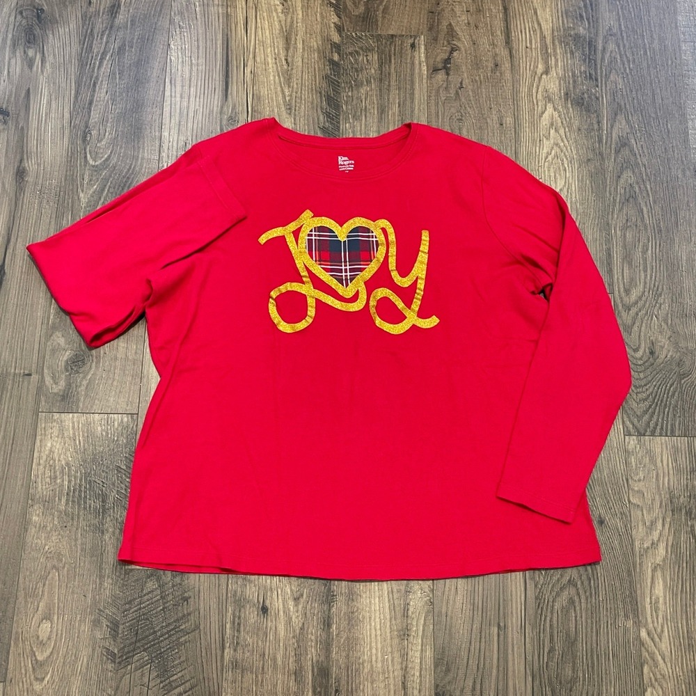 Kim Rogers Red Joy Plaid Heart Glitter Graphic Long Sleeve Top Plus Size 1X